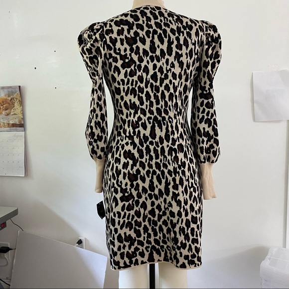 Long Puff Sleeve Cheetah Print Dress Knit Sweater Material Turtleneck - Picture 2 of 4